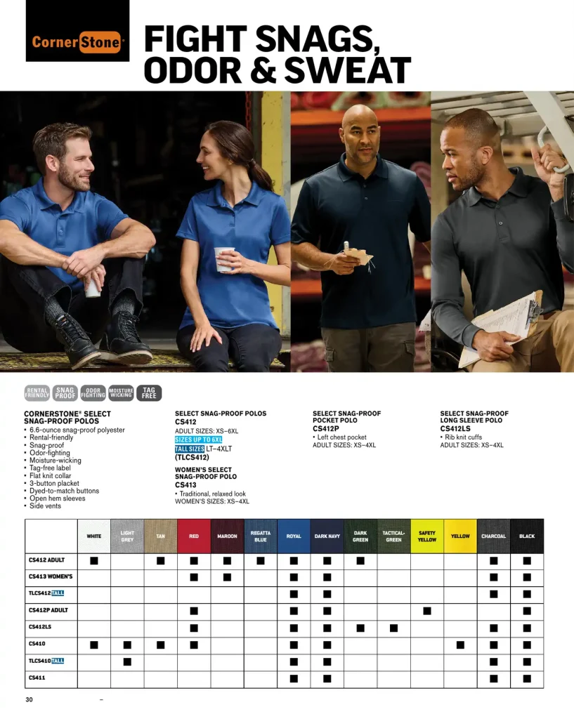 Essentials Cornerstone Select Snag Proof Polos – SKUs CS412, CS413, TLCS412, CS412P, CS412LS, CS410, CS411, TLCS410