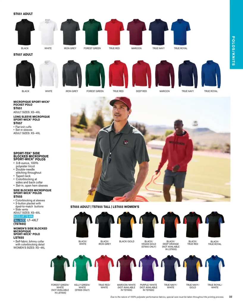 Essentials Sport-Tek MicroPique Sport-Wick Polos – SKUs LST650, ST650, TST650, ST651, ST657, ST655, TST655, LST655