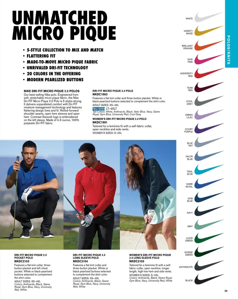 Essentials Nike Dri-FIT Micro Pique 2 Polos – SKUs NKDC1963, NKDC1991, NKDC2103, NKDC2104, NKDC2105
