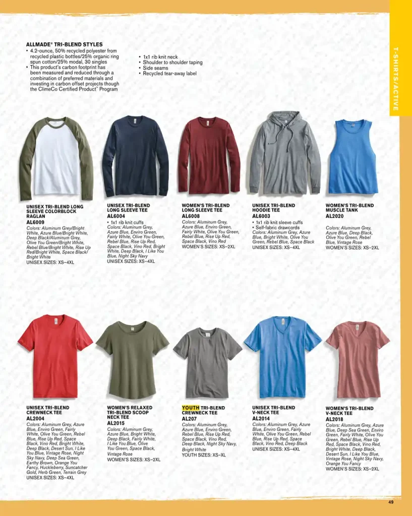 Essentials Unisex Tri-Blend Long Sleeve & Hoodie T-Shirts – SKUs AL6009, AL6004, AL2004, AL2015, AL6008, AL207, AL6003, AL2020, AL2014, AL2018