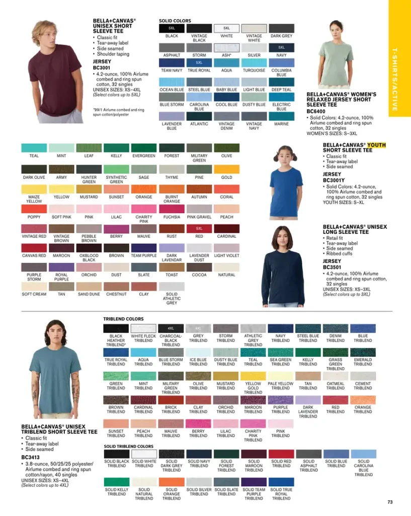 Essentials Bella+Canvas Unisex Short Sleeve T-Shirt – SKUs BC3001, BC6400, BC3001Y, BC3501, BC3413
