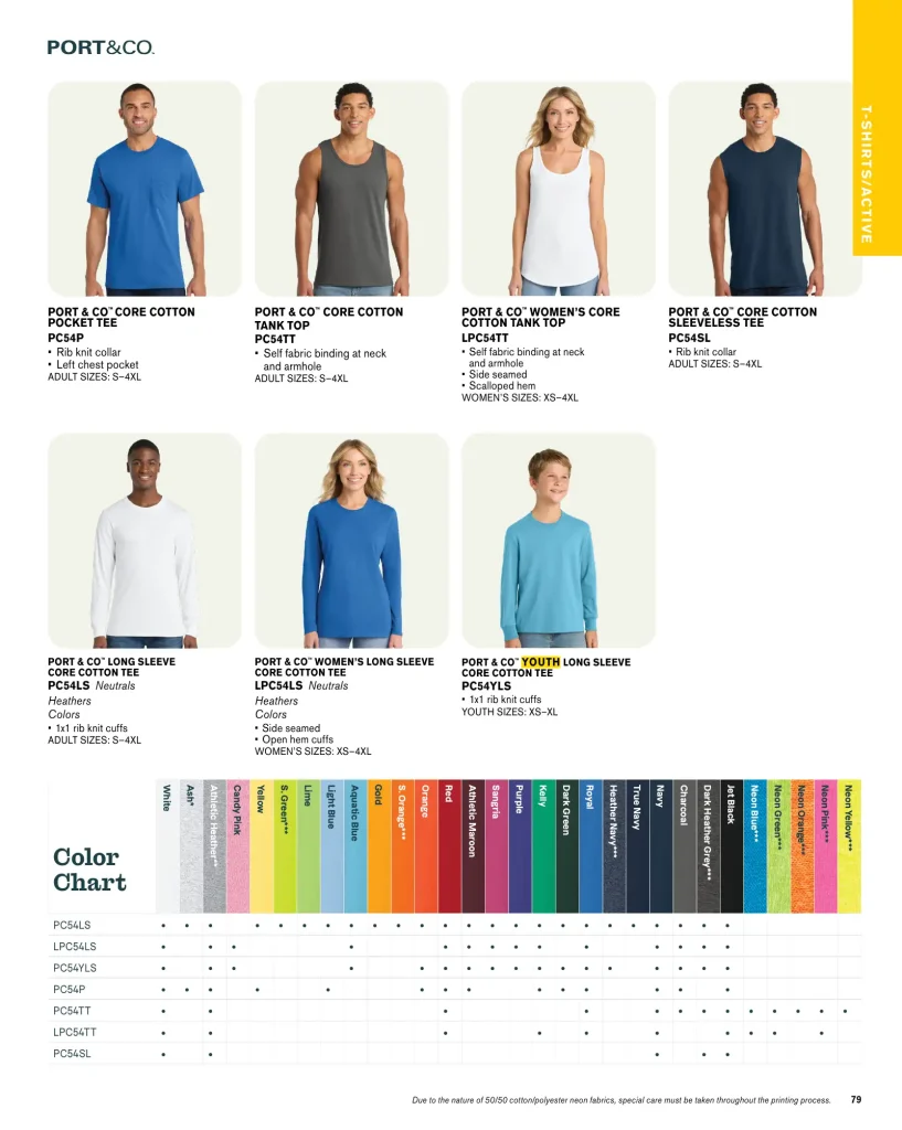 Port & Company Core Cotton Pocket T-Shirt – SKUs PC54P, PC54TT, LPC54TT, PC54SL, PC54LS, LPC54LS, PC54YLS