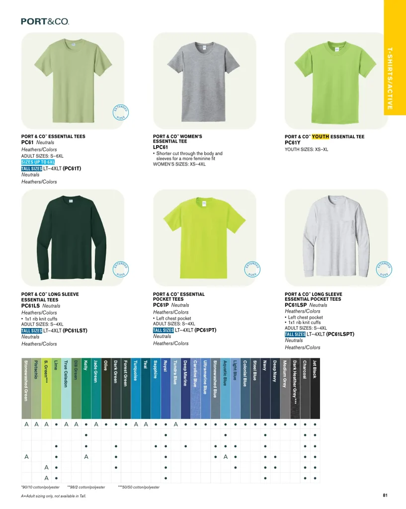 Port & Company Essential T-Shirts Kids Women's Long Sleeve – SKUs PC61, PC61Y, LPC61, PC61T, PC61LS, PC61P, PC61LST, PC61PT, PC61LSPT, PC61LSP