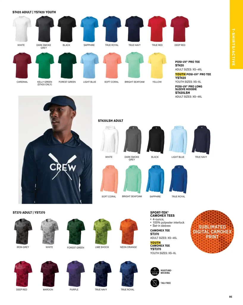 Essentials Sport-Tek Posi-UV Pro T-Shirts – SKUs ST420LS, YST420LS, LST420LS, ST420, YST420, ST420LSH, ST370, YST370
