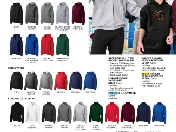 Essentials Sport-Tek 9-Ounce Sweatshirts – SKUs ST254, TST254, LST254, YST254, ST253, TST253, LST253