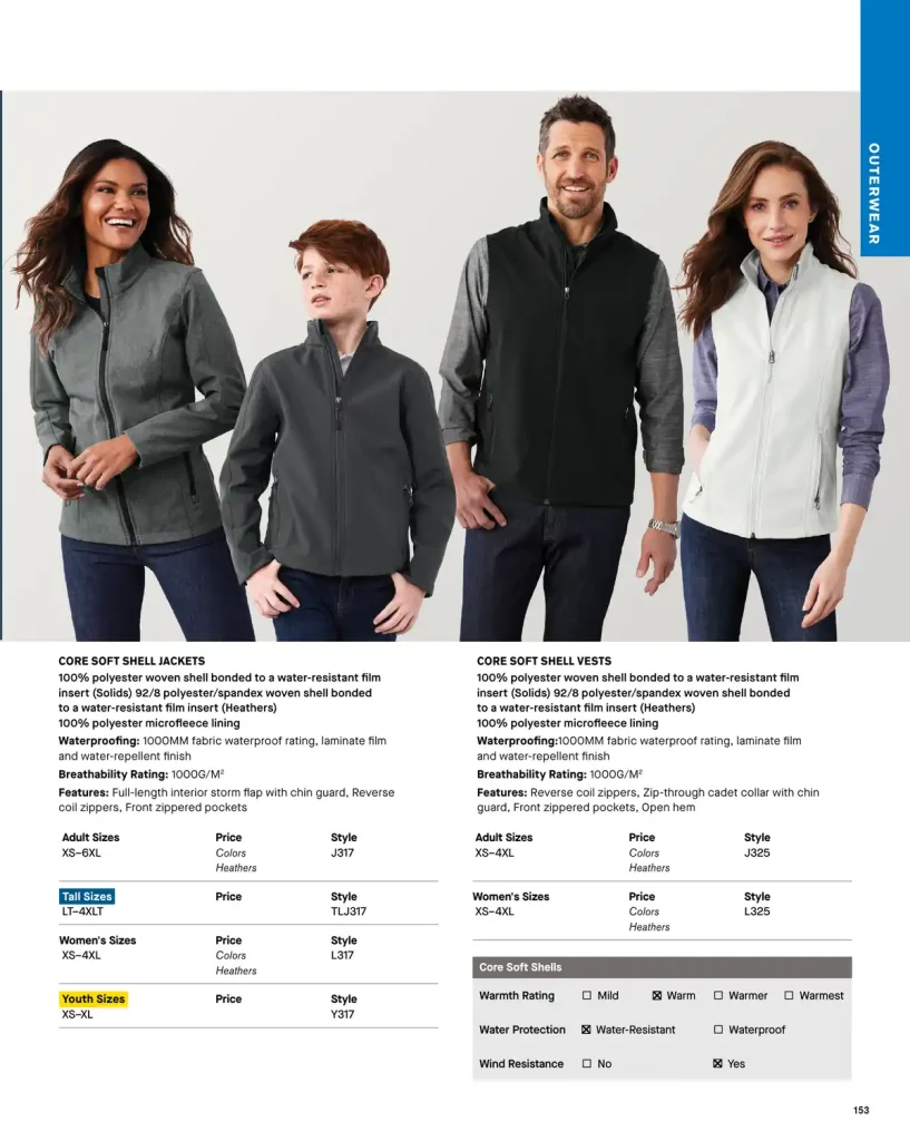 Essentials Core Soft Shell Jackets & Vests – SKUs J317, J325, TLJ317, L325, L317, Y317