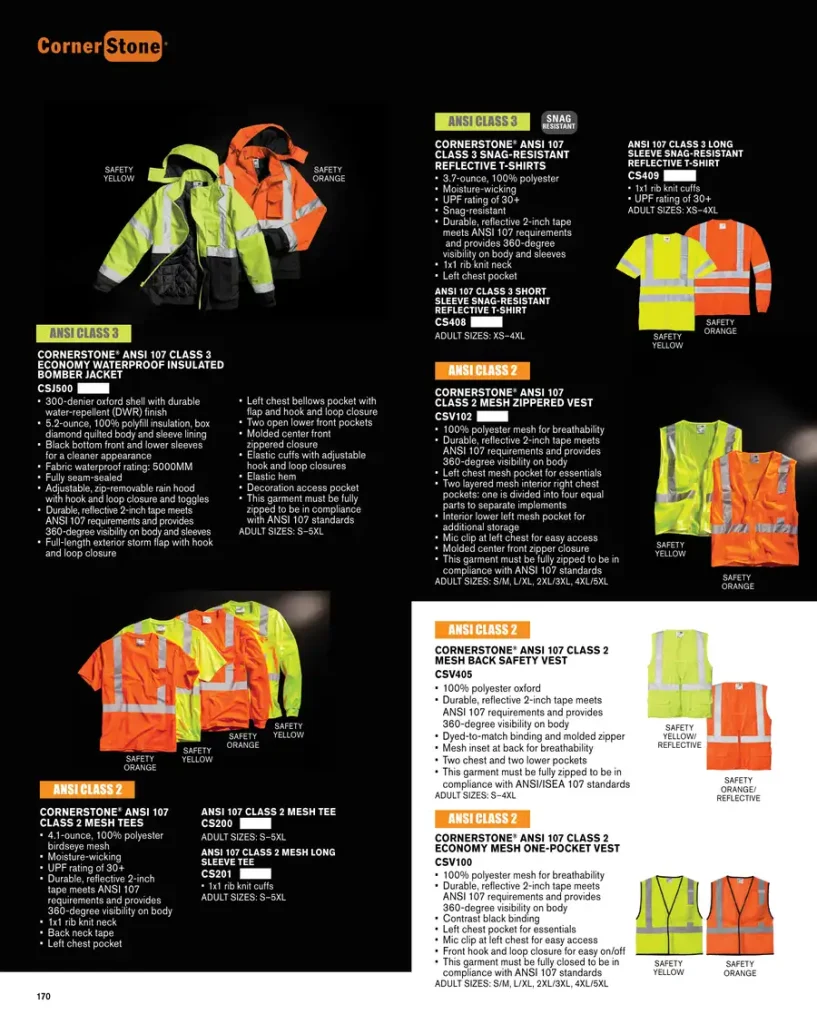 Essentials Cornerstone ANSI 107 Class 3 Safety – SKUs CS409, CS408, CSJ500, CSV102, CSV405, CS200, CS201, CSV100