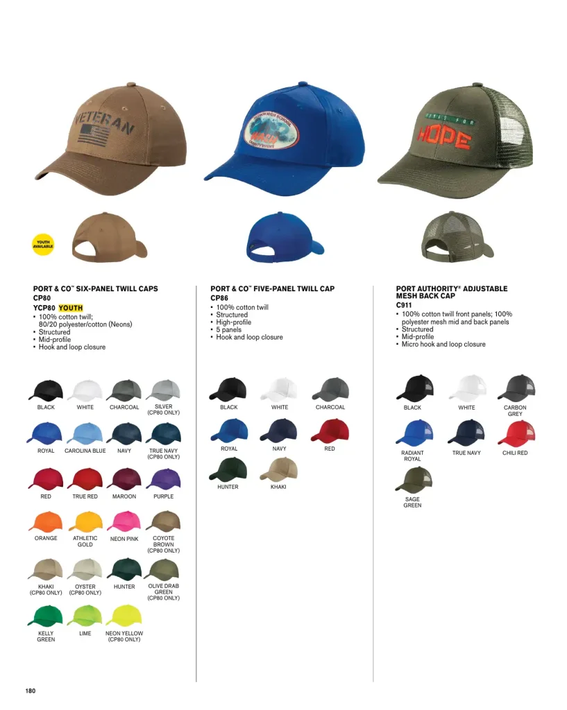 Essentials Port & Company Six Panel Twill Hats – SKUs CP80, YCP80, CP86, C911
