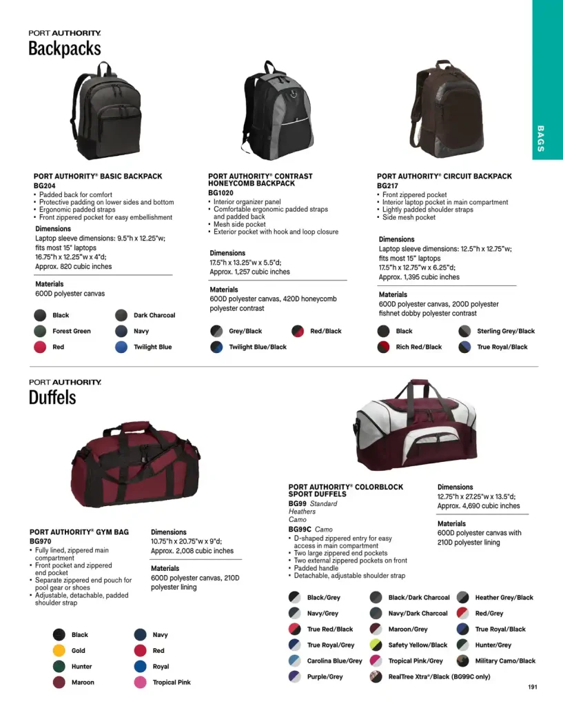 Essentials Port Authority Backpacks & Gym Bags – SKUs BG204, BG1020, BG217, BG970, BG99, BG99C