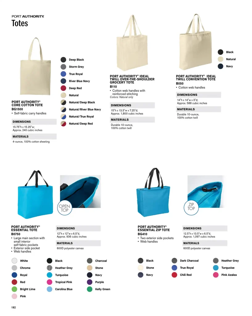 Essentials Port Authority Totes – SKUs B110, BG1500, B050, B0750, BG410