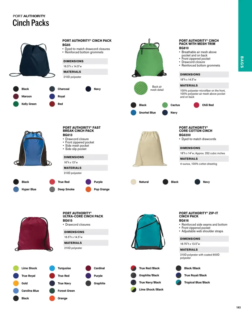 Essentials Port Authority Cinch Packs – SKUs BG85, BG810, BG613, BG6200, BG615, BG616