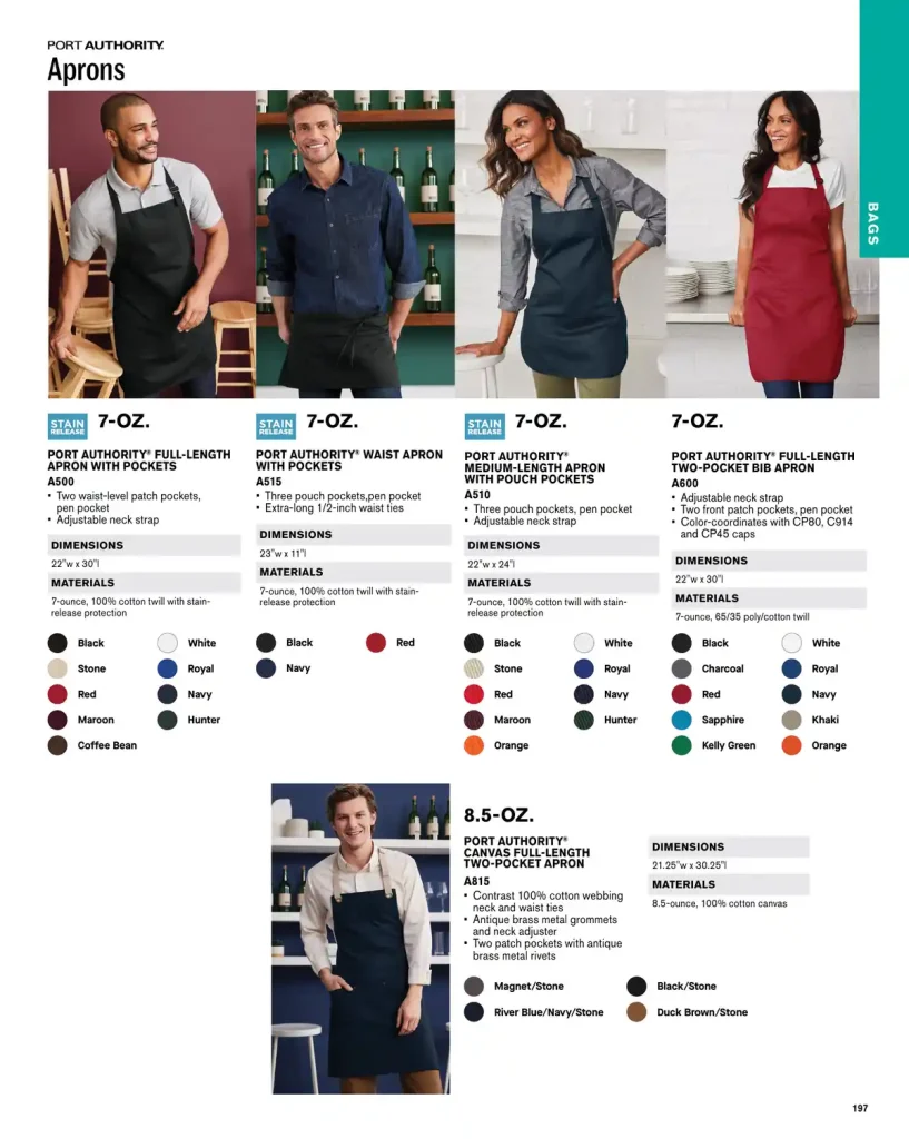 Essentials Port Authority Aprons – SKUs A500, A515, A510, A600, CP80, C914, CP45, A815