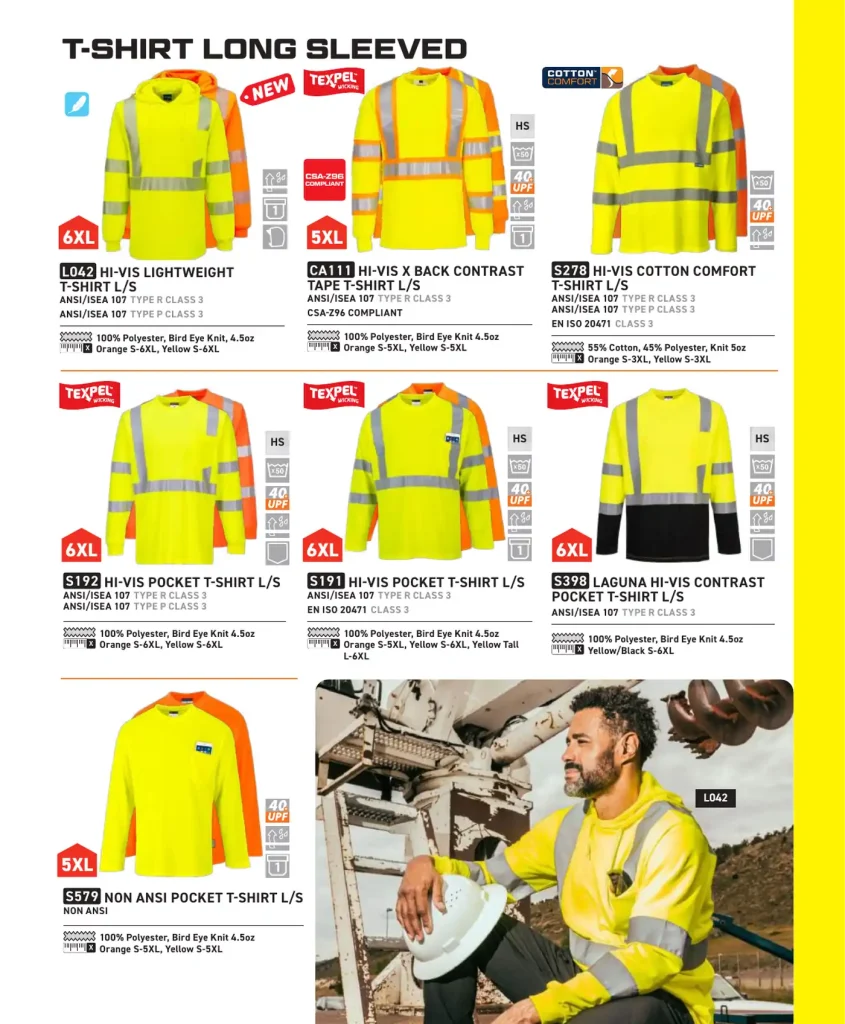 Portwest Long-Sleeve Hi-Vis T-Shirts – SKUs L042, CA111, S278, S192, S191, S398, S579