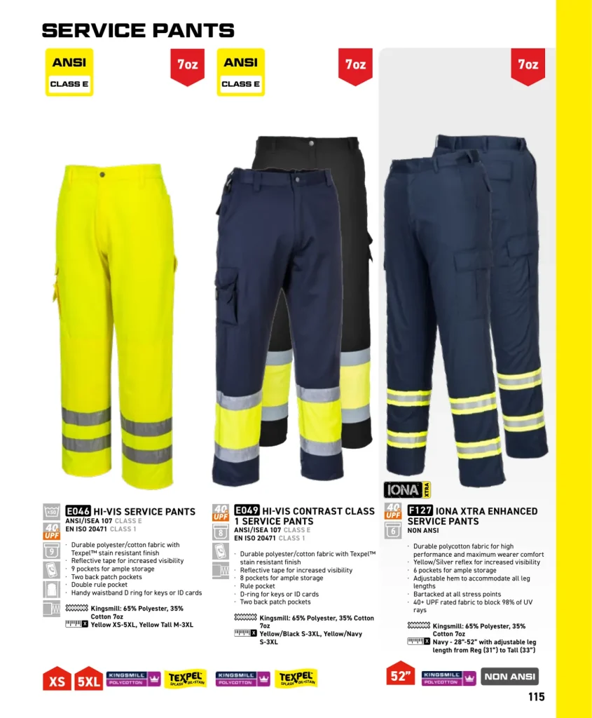 Portwest Hi-Vis Service Pants – SKUs E046, E049, F127